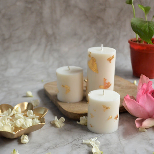 varak -set of "3"  festive pillar candles